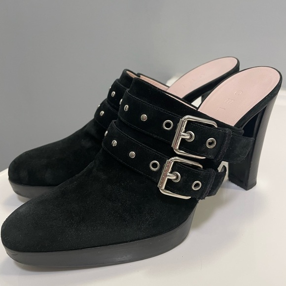 Céline Paris Black Suede Studded Heeled Mules Double Buckle - Picture 1 of 10